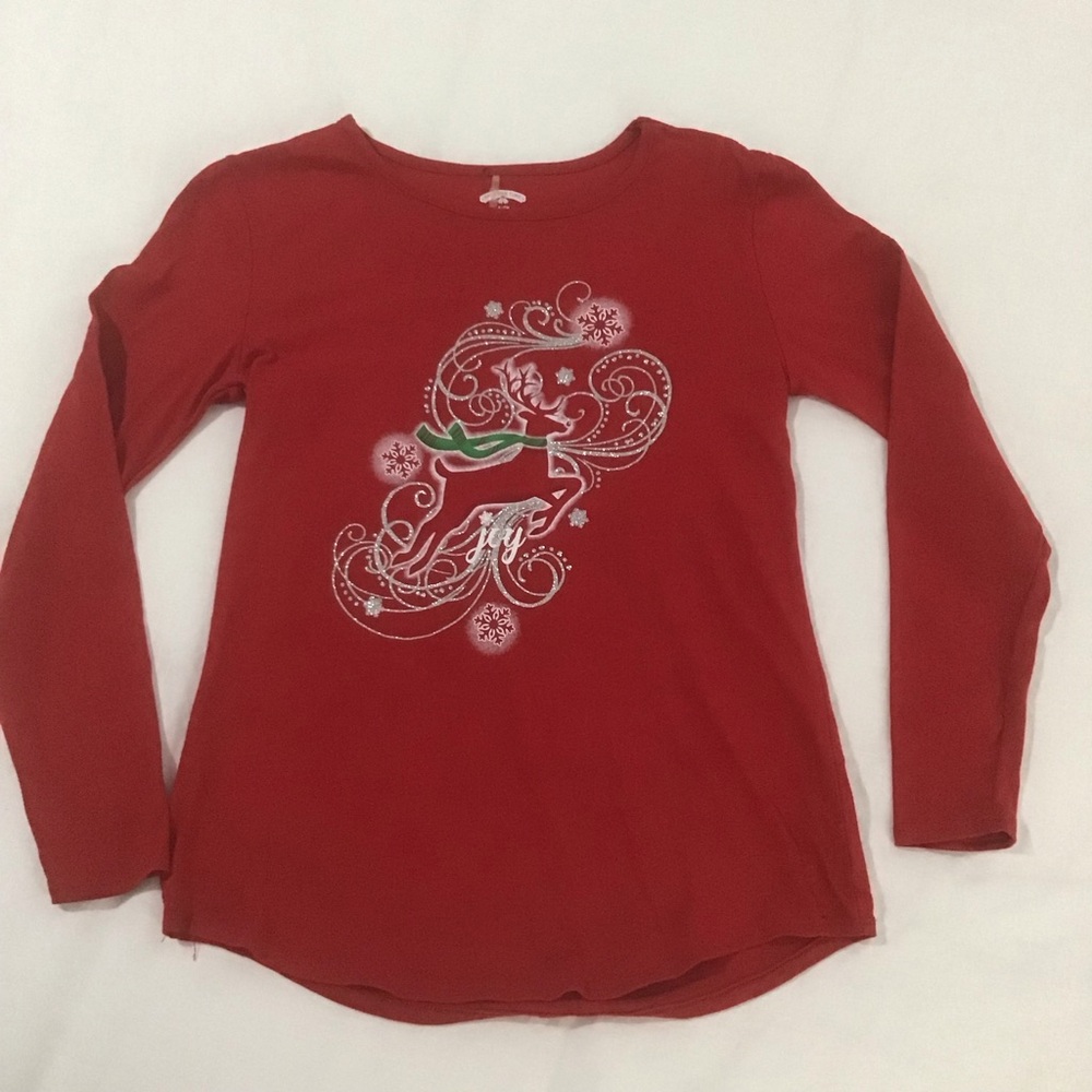 Holiday Time Red Reindeer w/Sparkles Long Sleeve Tee Curved Hem, Size S